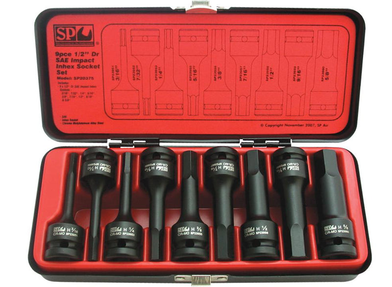 SP Tools Socket Set Impact 1/2"Dr Inhex 9Pc SAE