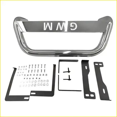Chrome-plated stainless steel grille guard nudge bar with black rubber grip and white gmm lettering for gwm cannon 2020 on