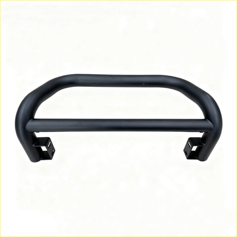 Black metal front bumper guard with curved design and mounting brackets for stainless steel nudge bar triton 2019-2023