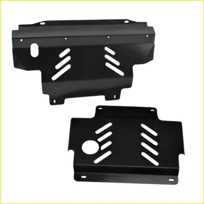 Black metal engine guard with a matte finish and angular cutouts for steel bash plates fit for nissan navara d40