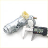 Silver metal car ignition switch with yellow connector and digital caliper showing 35.33mm for toyota hilux steering column bracket upper