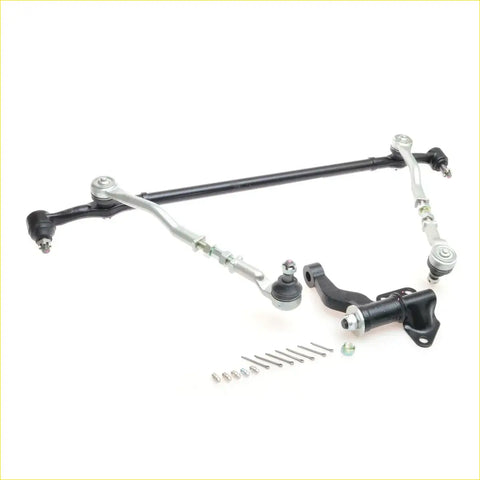 Black and silver metal steering drag bar kit for Nissan NP300 1997-2023 with various linkage components