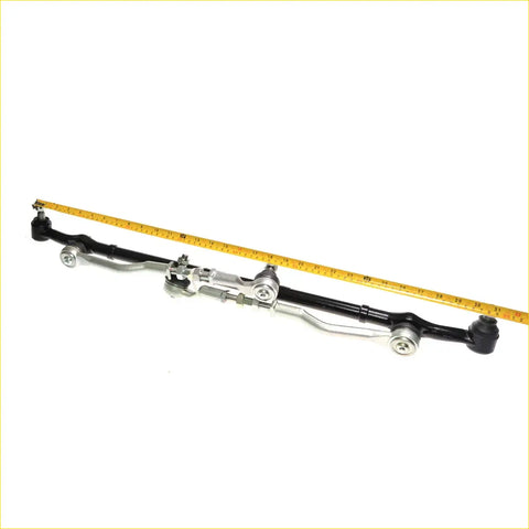 Black and silver steel steering drag link for Nissan Frontier Navara D22 1997-2004 with yellow tape for measurement