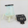 Translucent light blue plastic steering fluid reservoir with black cap beige tubing and black metal bracket for toyota hilux diesel