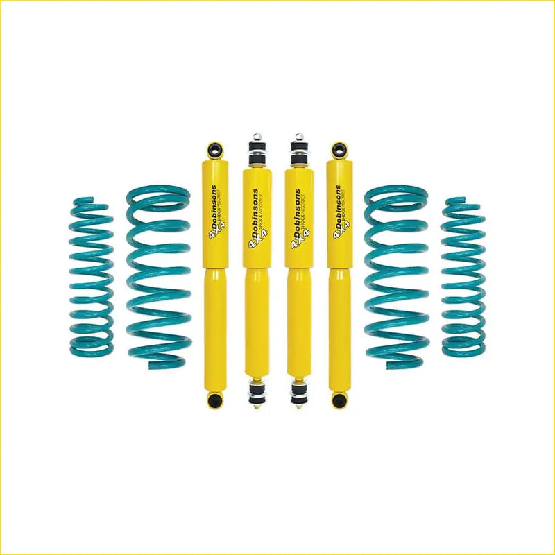 Set of four bright yellow dobinsons twin tube nitro gas shock absorbers with teal coil springs for suzuki jimny gj 3 door