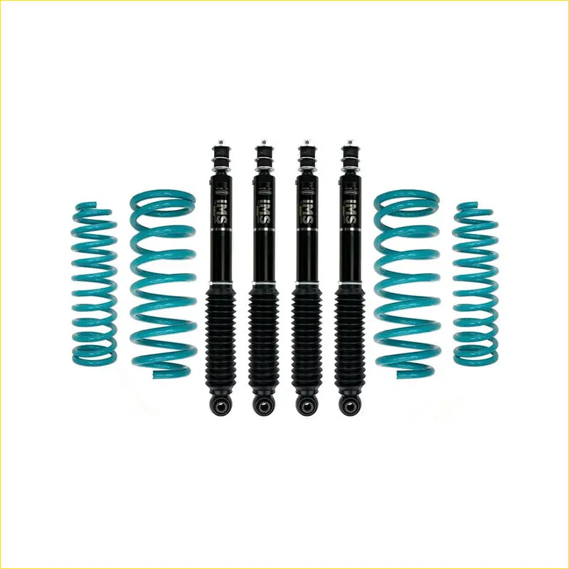 Set of four black sfi shock absorbers with teal coil springs for suzuki jimny gj 5 door 2023 on dobinsons lift kit