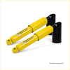 Pair of bright yellow Dobinsons twin tube nitro gas lift shock absorbers with black caps for Suzuki Jimny GJ 5 door 2023 on