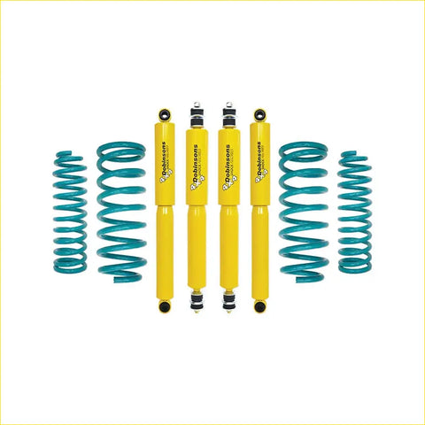 Set of four bright yellow dobinsons twin tube nitro gas shock absorbers with teal coil springs for suzuki jimny gj 5 door 2023 on