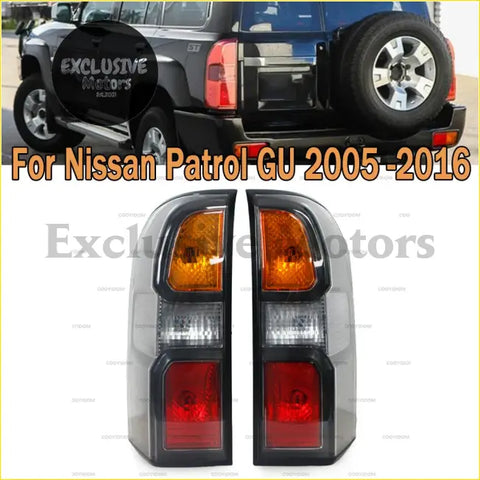 Pair of aftermarket tail light assembly for Nissan Patrol GU 2005-2016 with black housing and amber white red lenses