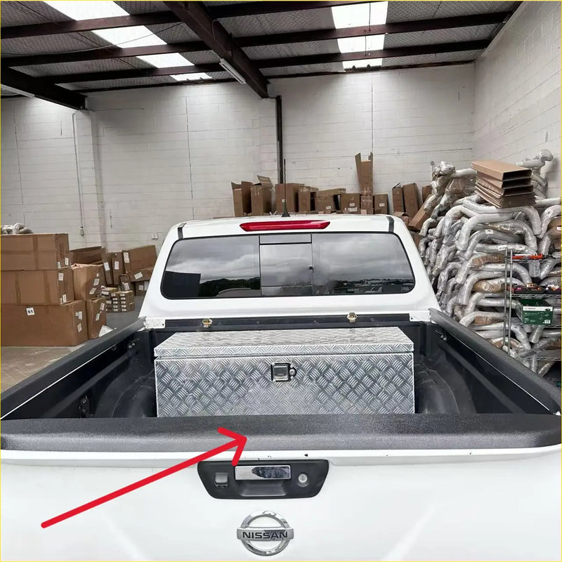 Silver diamond plate aluminum toolbox shown from the back for tailgate cover on nissan navara np300 2015-2020 textured black