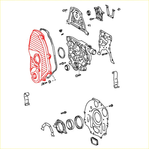 Red ribbed engine cover with circular cutouts for timing chain belt on toyota hilux 1998-2005