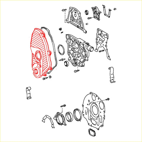Red ribbed engine cover with circular cutouts for timing gear case on toyota hilux double cab 3.0l ln200 ln205