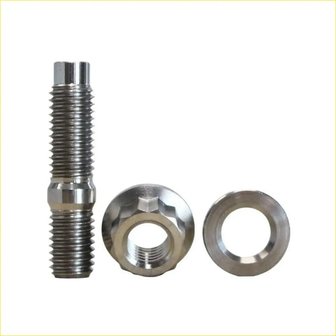 Silver metallic threaded bolt with hex head nut and washer for titanium exhaust manifold and turbo stud kit ford territory