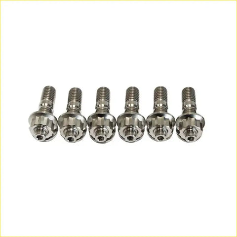 Set of six metallic silver titanium bicycle axle bolts with hex heads and threaded shafts for Nissan Pathfinder turbo kit