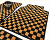 Black and tan checkered tomu orange checker floor mats with textured woven fabric finish for car interiors