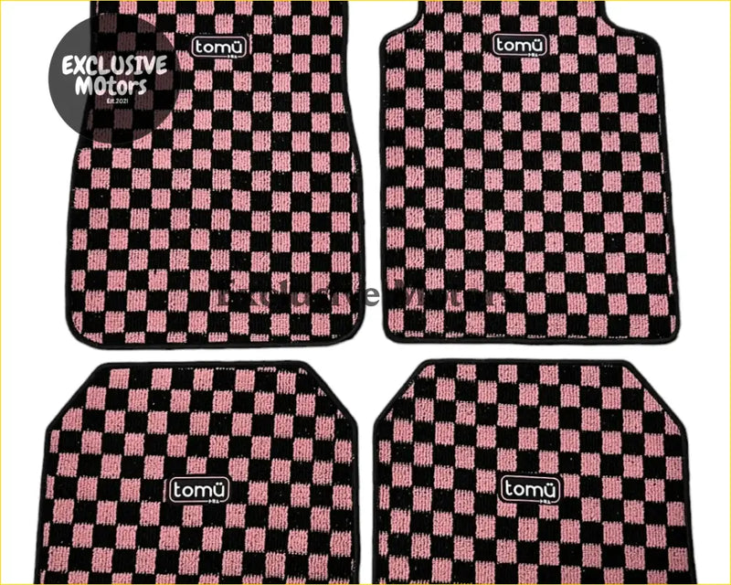 Pink and black checkered car floor mats with tomu logo embroidered for stylish protection and easy cleaning