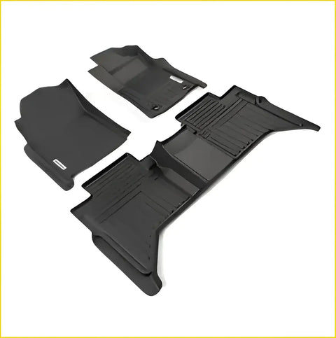 Black rubber deep dish all-weather floor liners for toyota hilux 8th gen with textured ribbed surfaces and molded contours
