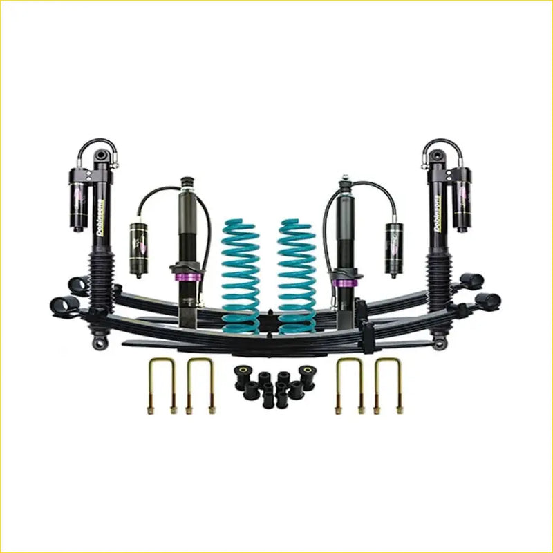 Black and teal coilover suspension kit with purple accents for Toyota Hilux N70 2005 to mid 2015 Dobinsons monotube remote