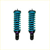 A pair of dobinsons ims monotube front lift shock absorbers with teal springs and purple accents for toyota hilux n80