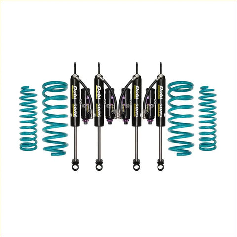 Set of four black dobl soms shock absorbers with teal coil springs for toyota landcruiser 105 series 1998 to 2007