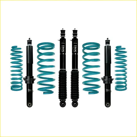 Teal and black coilover suspension kit with sho branding for toyota landcruiser 200 series dobinsons ims