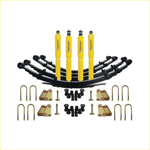 Yellow and black dobinsons twin suspension kit with shock absorbers leaf springs brackets and bolts for toyota landcruiser 75 series