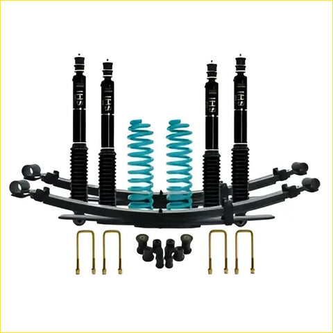 Black and teal Dobinsons IMS monotube coilover suspension kit with four shocks springs and mounts for Toyota Landcruiser 76 series