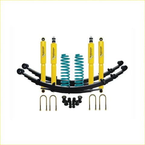 Yellow and teal dobinsons twin tube nitro suspension kit with black leaf springs for toyota landcruiser 78 series back side