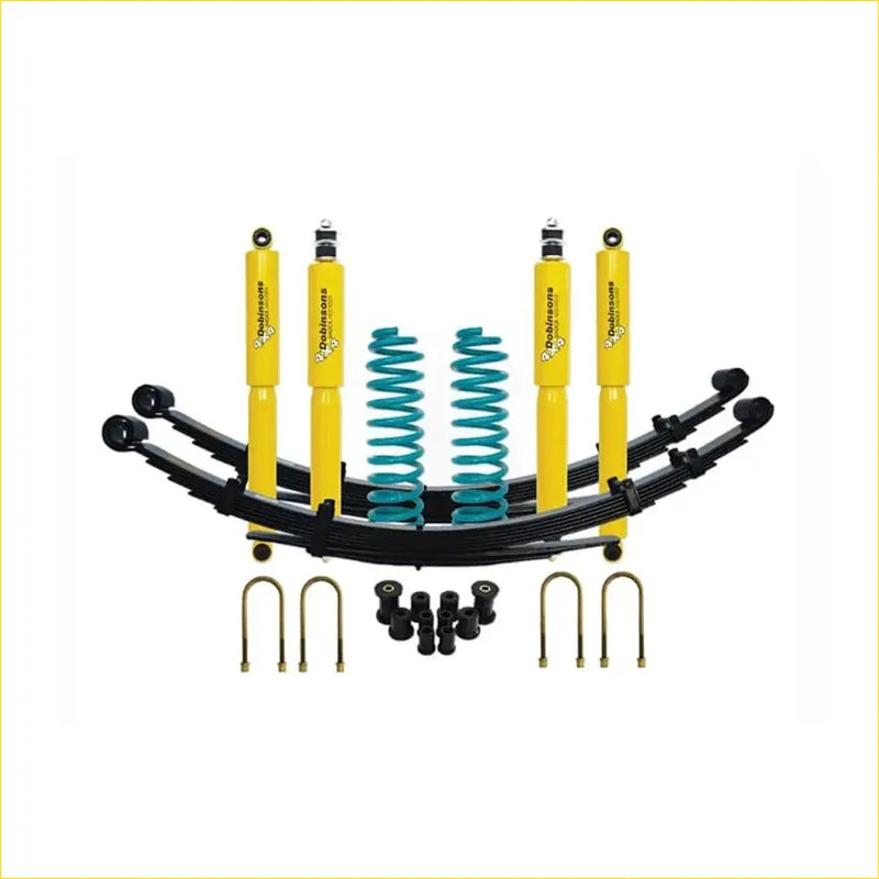 Yellow and teal dobinsons twin tube nitro suspension kit with black leaf springs for toyota landcruiser 78 series back side
