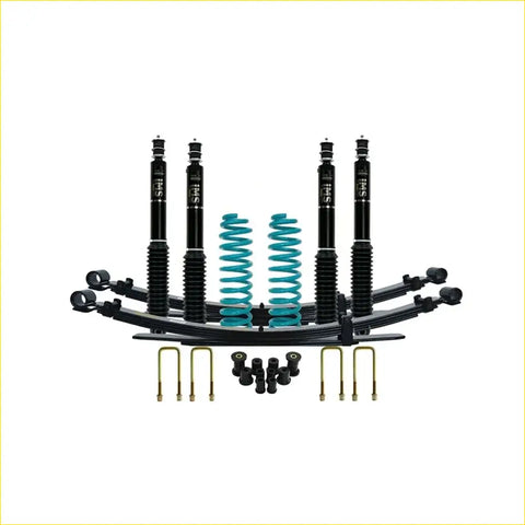 Black and teal Dobinsons IMS monotube coilover suspension kit with four shocks and springs for Toyota Landcruiser 79 Series