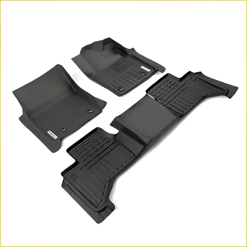 Black rubber Toyota Landcruiser J300 deep dish floor mats with textured ribbed patterns for grip and durability