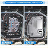 Silver metallic automatic transmission fluid filter oil pan with rectangular shape and mounting holes for toyota tacoma