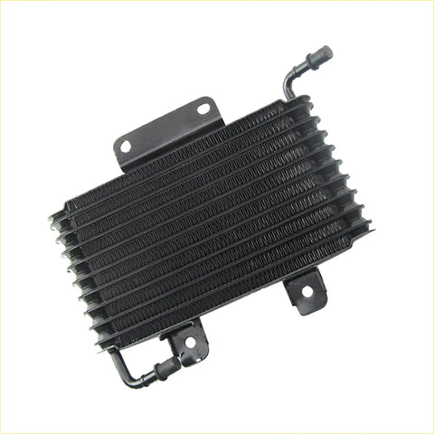Black metal transmission oil cooler with ribbed fins and mounting brackets suitable for mitsubishi pajero v73 v75
