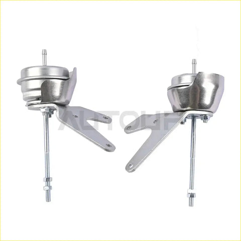 Silver metallic turbo actuator exhaust manifold hangers with cylindrical housing and l-shaped brackets for ford cars
