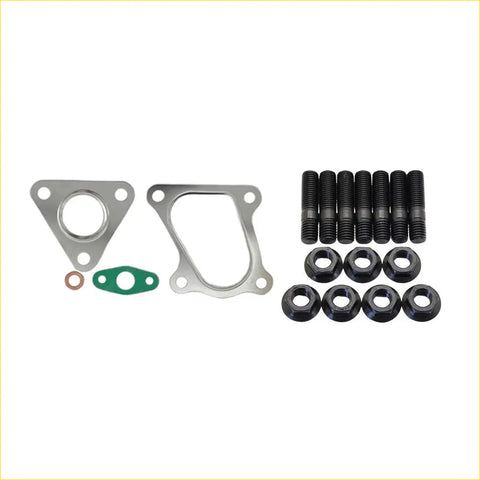Black threaded bolts and hex nuts with metallic gaskets and a green rubber seal for turbo installation on mitsubishi triton mn 4d56