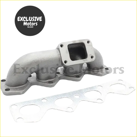 Gray metallic turbo manifold header with rectangular flange and bolt holes plus matching gasket for 90-93 mazda miata