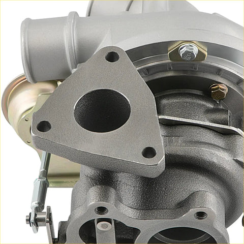 Gray metallic turbocharger for Nissan Navara 3.0L YD22 with triangular flange and bolted connections shown from back side