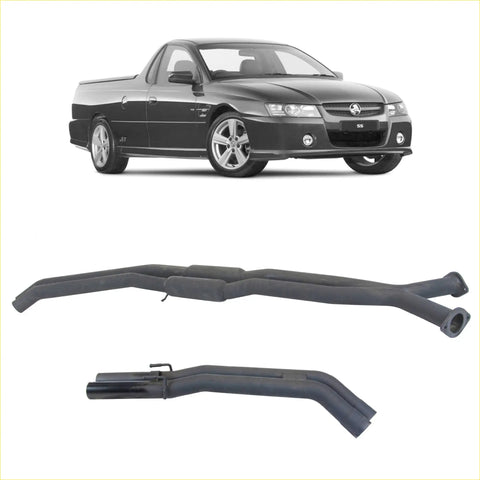 Black aftermarket twin 2.5 inch catback exhaust system shown from back for holden commodore vt-vu-vz v8 ute