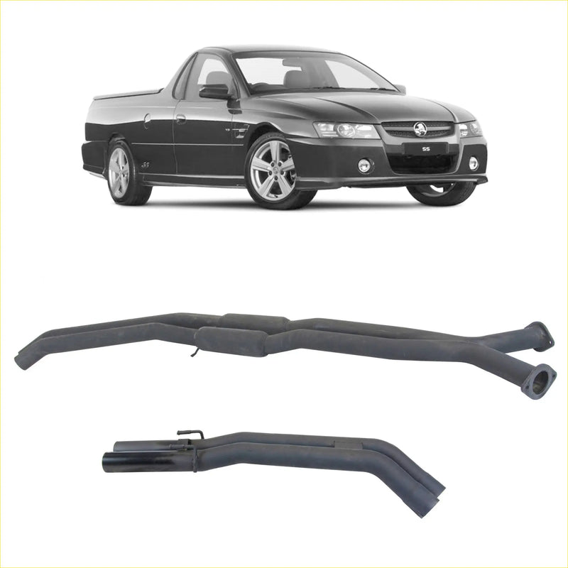 Black aftermarket twin 2.5 inch catback exhaust system shown from back for holden commodore vt-vu-vz v8 ute