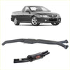 Black twin 2.5 inch catback exhaust system with red logo on muffler for holden commodore vu-vz ute from back side