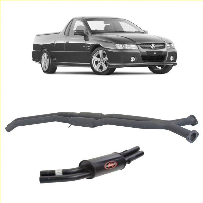 Black twin 2.5 inch catback exhaust system with red logo on muffler for holden commodore vu-vz ute from back side