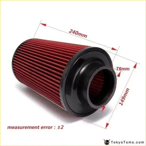 Red pleated cold air filter with black plastic end caps for universal 76mm and 240mm height use