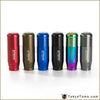 Six epman universal aluminum car exhaust tips in red gold blue black iridescent and matte gray finishes shown from the back