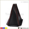 Universal black carbon fiber grain shifter knob boot cover with black leather, red stitching, and silver metallic top