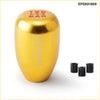 Gold epmaan branded universal racing 5 speed gear shift knob with red engraved pattern and three black mounting inserts nearby