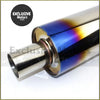 Shiny universal stainless steel exhaust muffler with vibrant iridescent blue and orange flame finish showing back side