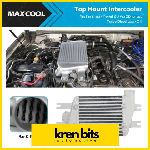 Silver metallic top mount intercooler with ribbed surface and white plastic brackets for nissan patrol gu y61 zd30 3.0l turbo diesel