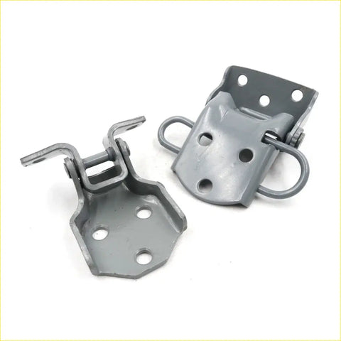 Gray metal hinge latch with looped handles and circular holes for upper lower front door hinges on nissan datsun 720 king cab