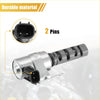Silver metallic vvt oil control valve with black plastic connector and two pins for toyota camshaft engine