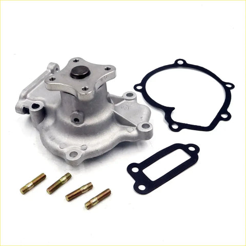 Silver aluminum water pump assembly with black rubber gaskets and brass bolts for datsun nissan presea r10 back side